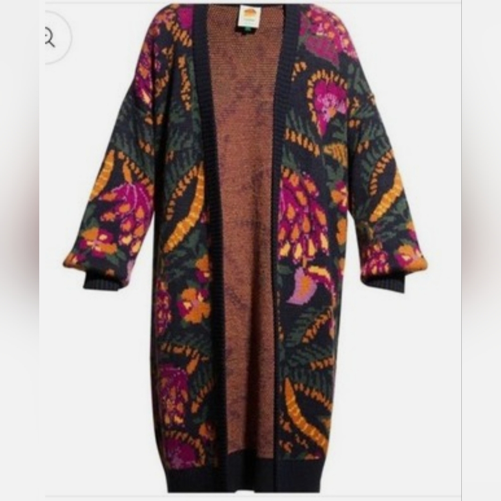 FARM Rio Flowerdoscopic Floral Knit Cardigan Navy Purple Yellow Long Sleeve S